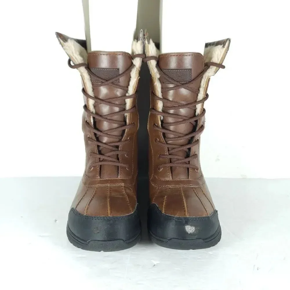 UGG Butte Il Youth US6 /W US7 Brown Leather Sheepskin Lined Lace Up Winter Boots